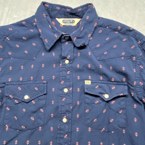 Salt Valley Western Long Sleeve Snap Front Shirt Blue Geometric Print Mens M - Picture 10 of 16